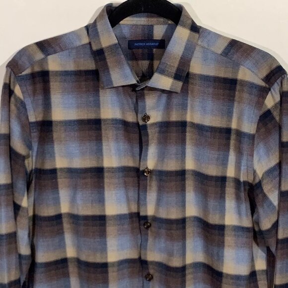 Patrick Assaraf Long Sleeve Button Up Flannel Shirt Size Medium Blue Brown - Picture 3 of 13